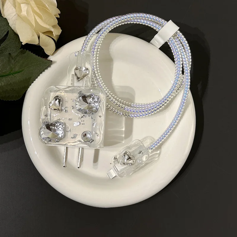 

Korea Cute 3D Bow Flower Rhinestone Charger Case For IPhone 11 12 13 14 15 18W-20W Clear Charge Protection Cover Charger Sleeve