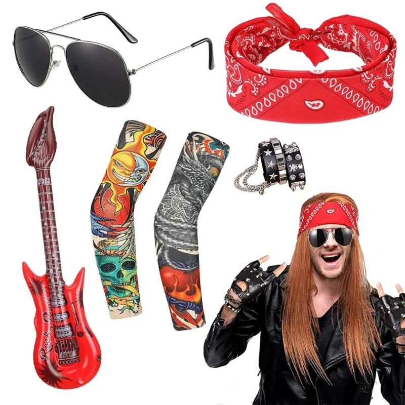 80s Metal Rocker Costume Set Color Tattooed Sleeve Rock Heavy Metal Accessories for Halloween 80s Disco Party Cosplay