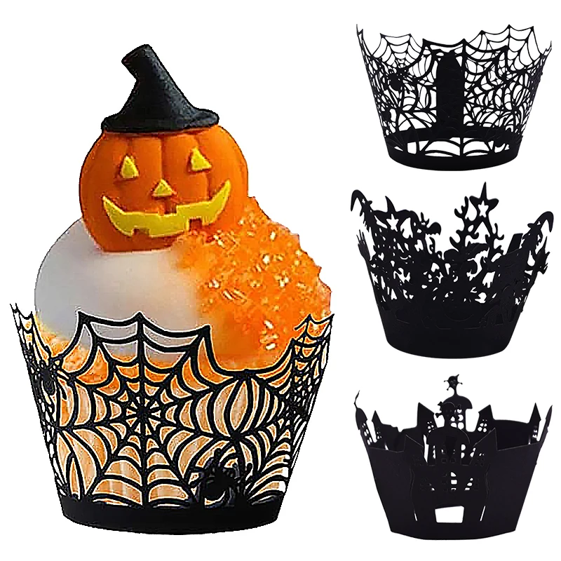 

12pcs Halloween Cupcake Wrapper Hollow Out Witch Spiderweb Castle Paper Cupcake Liner Baking Cup Halloween Party Cake Decoration