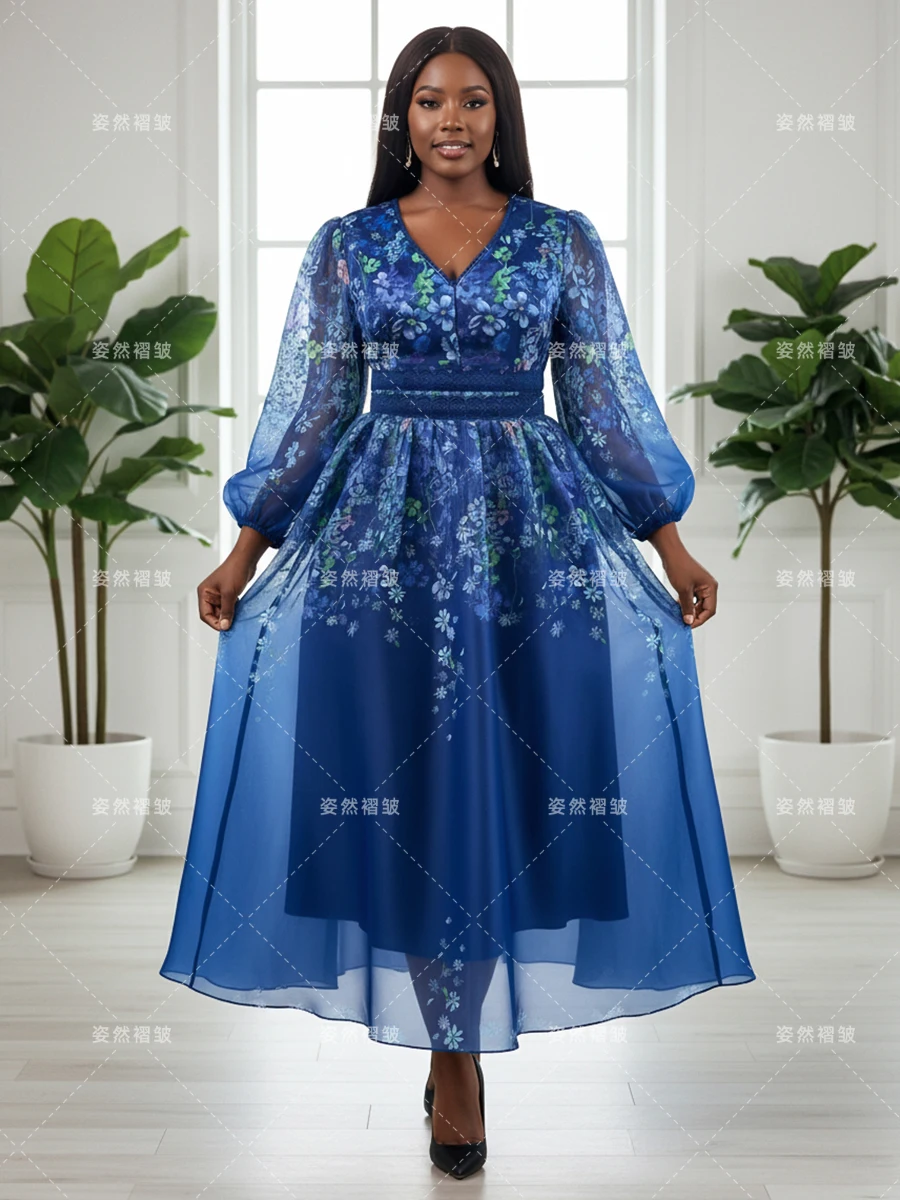 

Plus Size Floral Print Tulle Dress Royal Blue V-Neck Long Sleeve Midi Dress Mesh Swing Skirt Clothing Date Night Church Evening