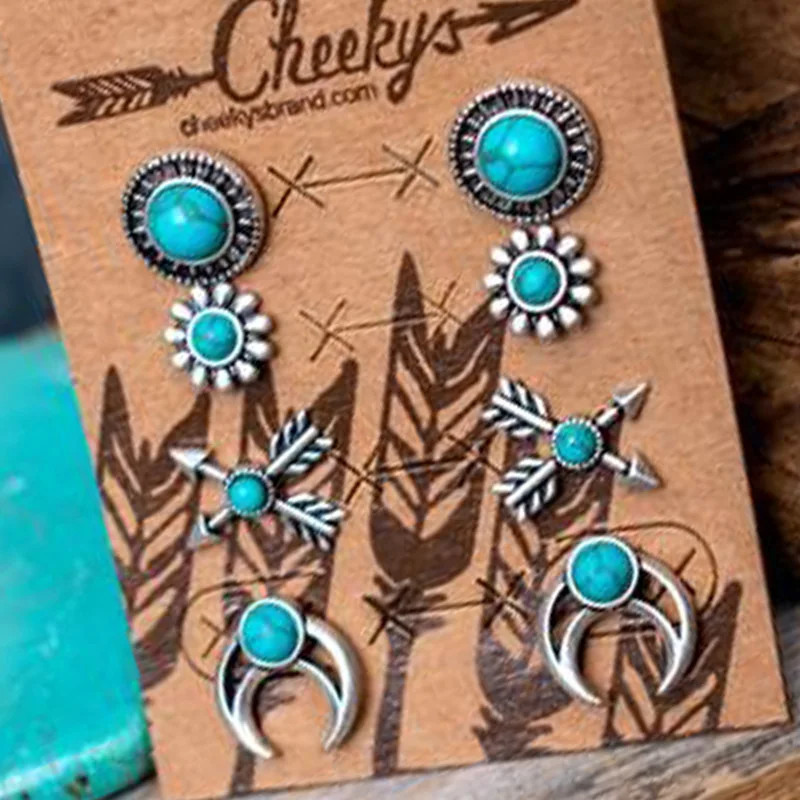 4-Piece Boho Turquoise CONCHO Studs Earring Set COWGIRL CHARM PACK STUDS Women's Jewelry & Accessories Arrow Crescent Bohemian