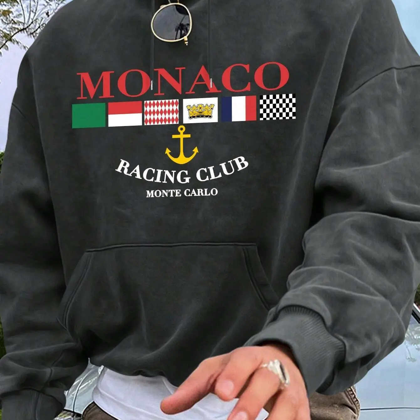 الخريف والشتاء الرجال رمادي غامق طويلة الأكمام رسالة مطبوعة عارضة تنوعا القطن الخالص مقنعين قميص رياضي في الهواء الطلق #3