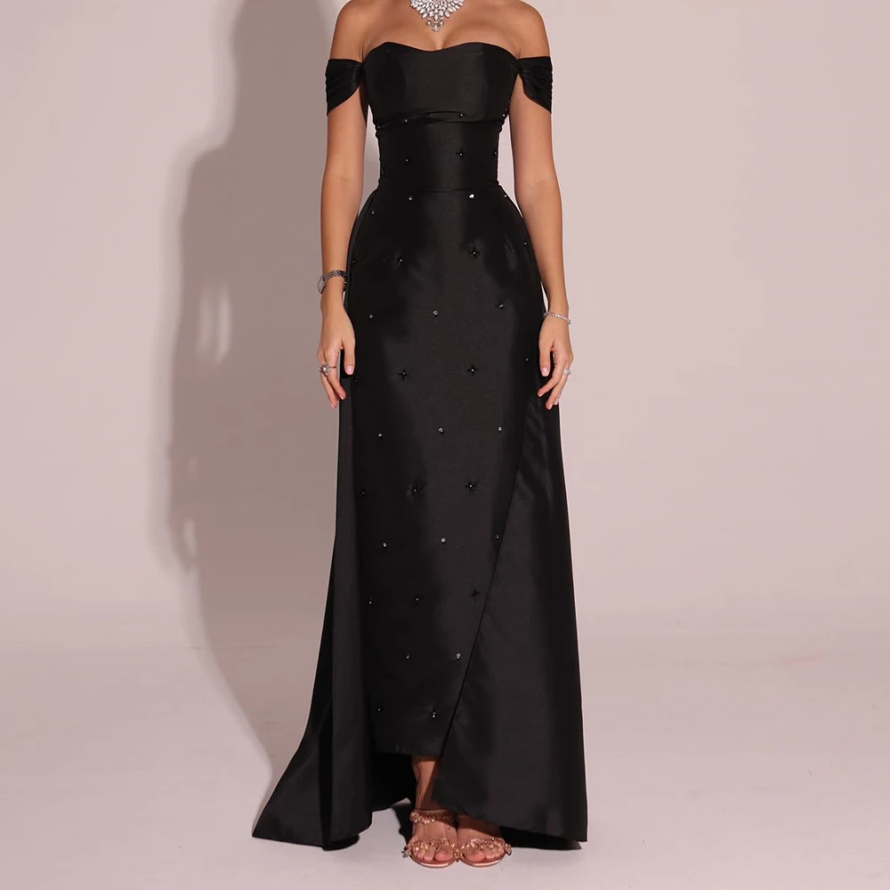 

Customized A-line Evening Dresses Floor-length Off The Shoulder Sleeveless Prom Gown Fashion Crystal Simple Draped Party Gown