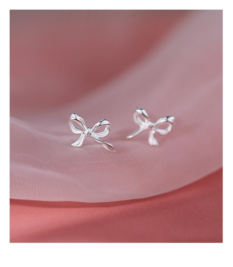 Fashion 925 Silver Needles Sweet Cute Bow Stud Earrings for Women Silver Color Simple Minimalist Ear Piercing Jewelry Gift