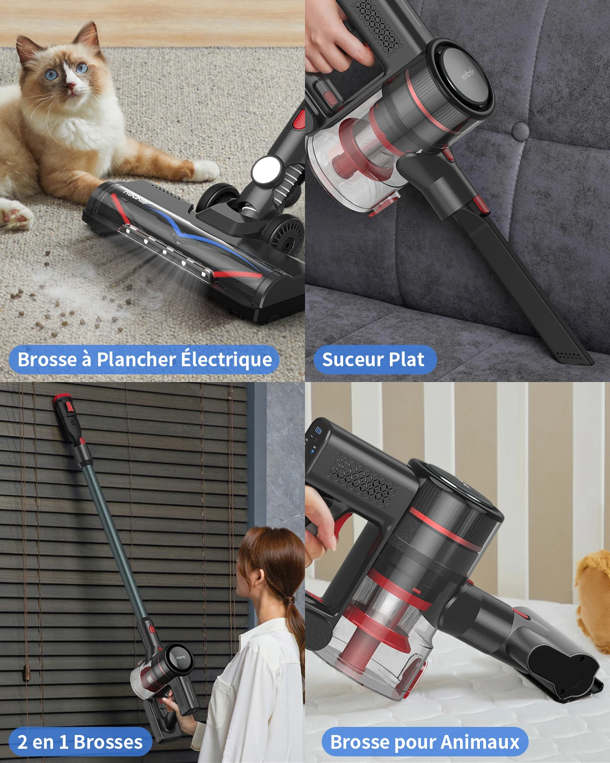 Redkey-P9 Cordless Vacuum Cleaner, 30Kpa, 8 in 1 Wireless Vacuum, 350W, Double HEPA Filters, Detachable Battery ,LED Display