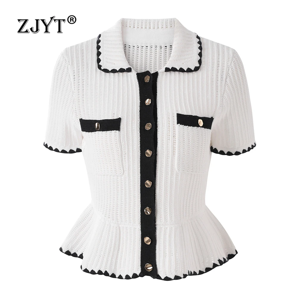 ZJYT Summer Cardigan Sweaters for Women Ruffles Tunic Knitting Tops Short Sleeve Single Breasted Knitwears Jersey Mujer Fashion