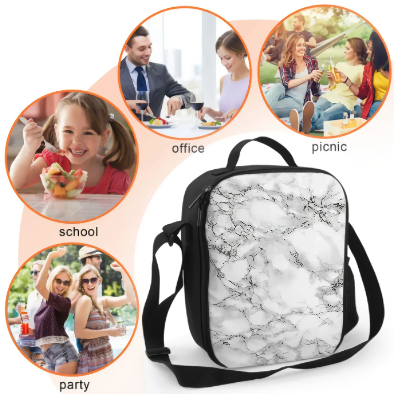 Witte marmeren print met zwarte textuur Thermische lunchtas voor kinderen Jongens Meisjes Wasbare draagtas Lunchcontainer voor werk Schoolreizen