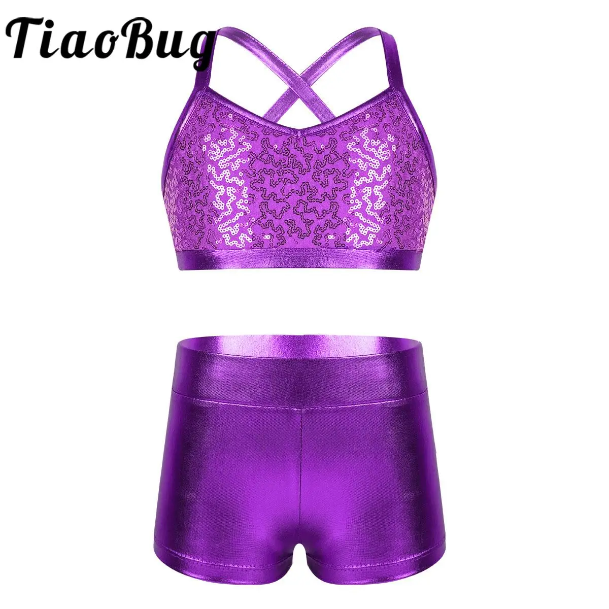 Kids Girls 2 Piece Sequins Ballet Active Outfits Shiny Tank Top with Booty Shorts Gymnastics Leotard Dance Workout Sport Suit