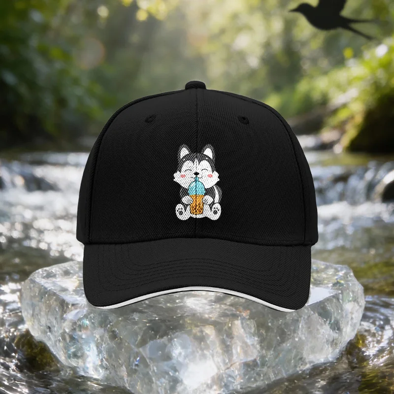 Drinking Boba Milk Tea Husky Sandwich Baseball Cap Unisex Easy Lightweight Adjustable Outdoor Sun Hat Suitable for Travel, Parti