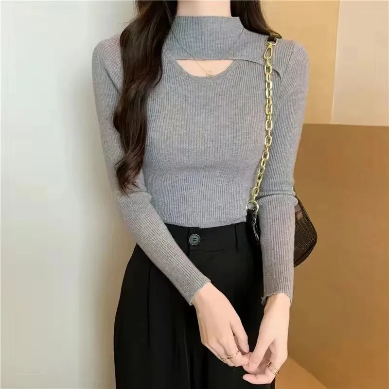 Autumn Half Turtle Neck Knit Sweaters Women Y2K Sexy Hollow Out Long Sleeves Slim Pullover Female Simple Solid All-match Jumper