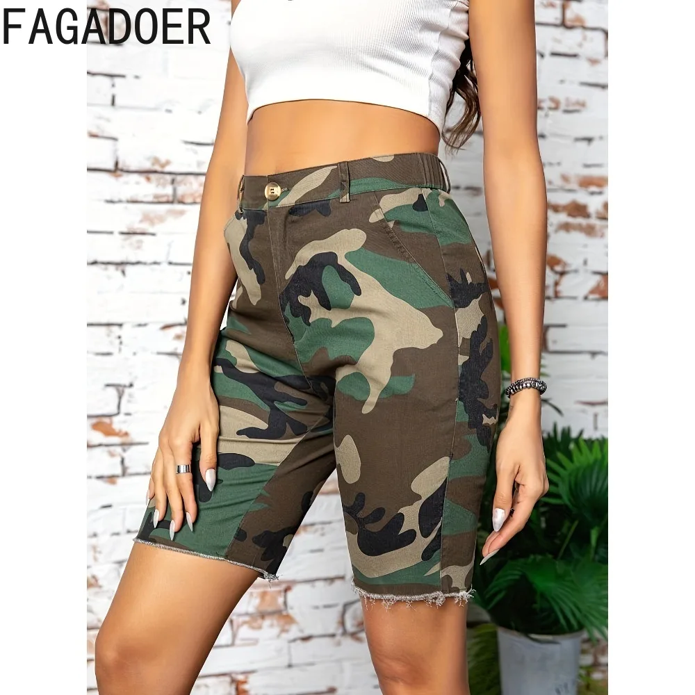 Fagadoer Zomer Nieuwe Camouflage Print Pocket Cargo Shorts Vrouwen Hoge Taille Knop Slank Broekje Casual Sportieve Shorts Kleding