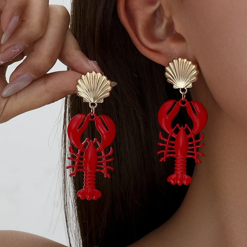 

Hot Selling Marine Life Collection Punk Style Red Enamel Lobster Metal Shell Stud Earrings Unisex Fashion Jewelry For Women
