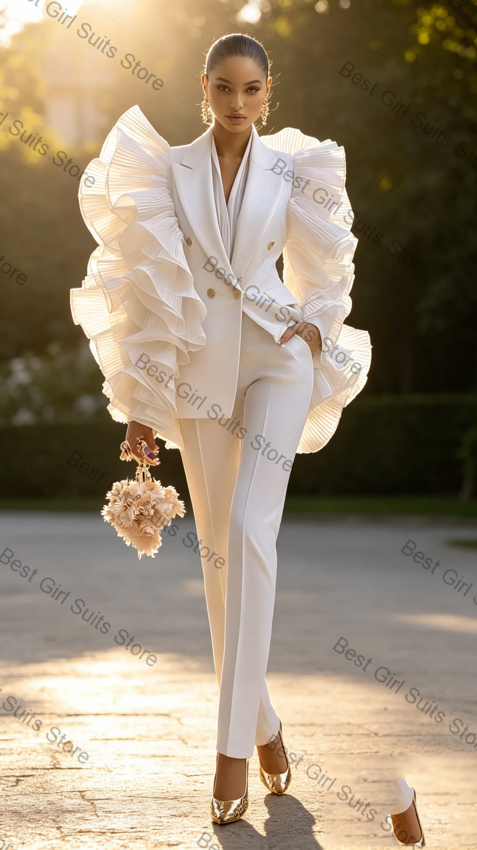 

White Women Suit Pants Set 2 Pcs Blazer+Trousers Puffy Sleeves Spring Cotton Formal Office Lady Jacket Customized Wedding Coat