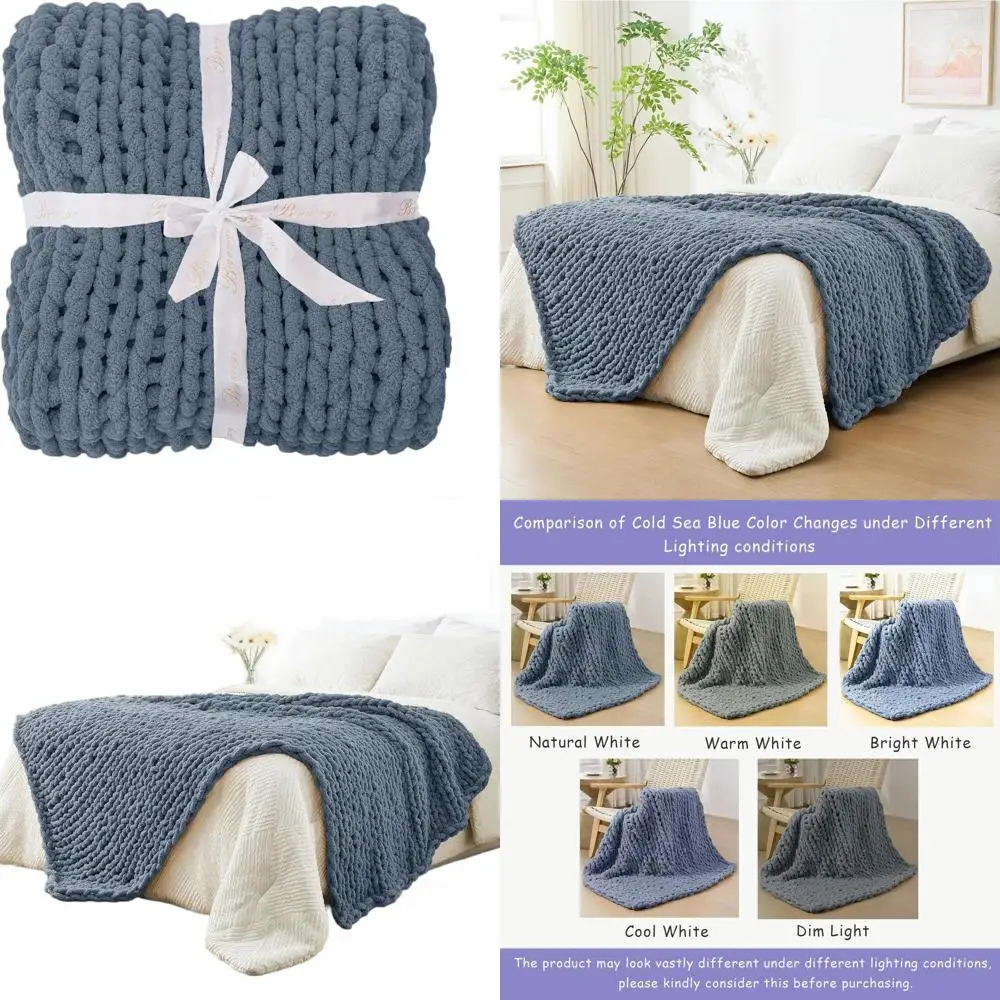 

Уютное одеяло из синели ручной вязки, 51x63, вязаное крючком из толстого троса, синее холодное море для дивана и гостиной