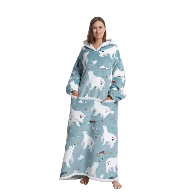 بطانية كبيرة الحجم يمكن ارتداؤها مريحة دافئة من الفلانيل شيربا كنزة بغطاء رأس من الصوف للبالغين سترة ناعمة للهدايا مقاس واحد يناسب الجميع