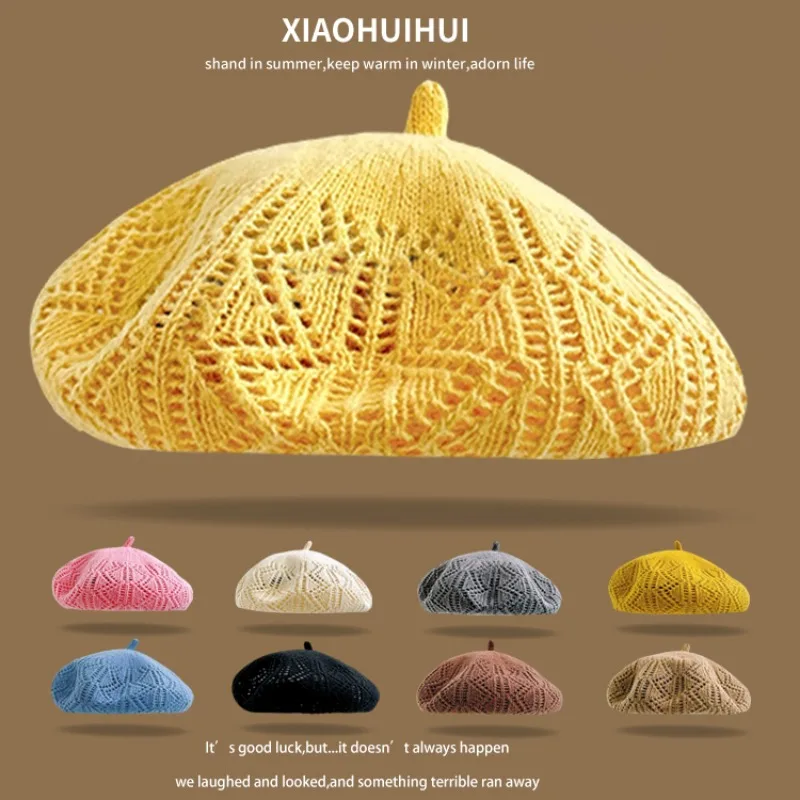 

Spring and Autumn Simple Solid Color Berets Hollow Breathable Versatile Literary Big Head Dome Painter Hats for Women's