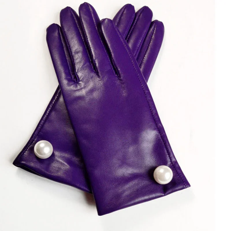 Winter New Female Genuine Leather Gloves Women Big Pearl Decoration Warm Plus Velvet Thick Sheepskin Driving Bike Luvas