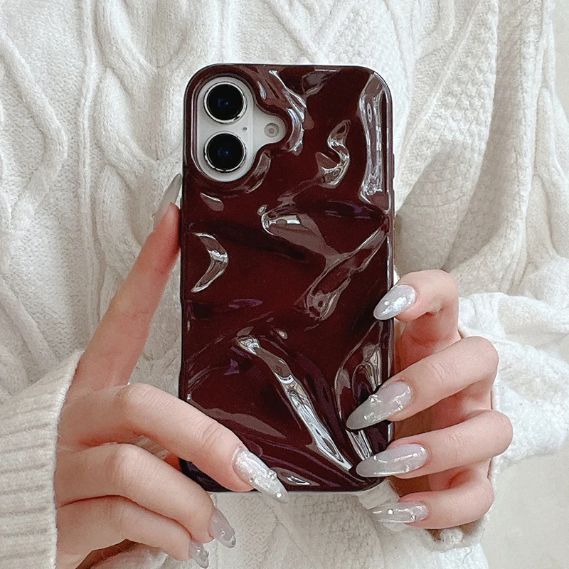 Wine Red 3D Water Ripple Texture Phone Case For iPhone 17 Air 16 15 13 11 12 Pro Max 14 Plus Glossy Silicone Back Cover
