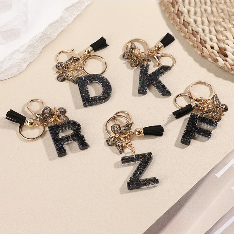 Vintage Black Letter Keychain Shiny 26 Initials Alphabet Butterfly Tassel Charms Keyrings Handbag Decoration Accessories Gifts