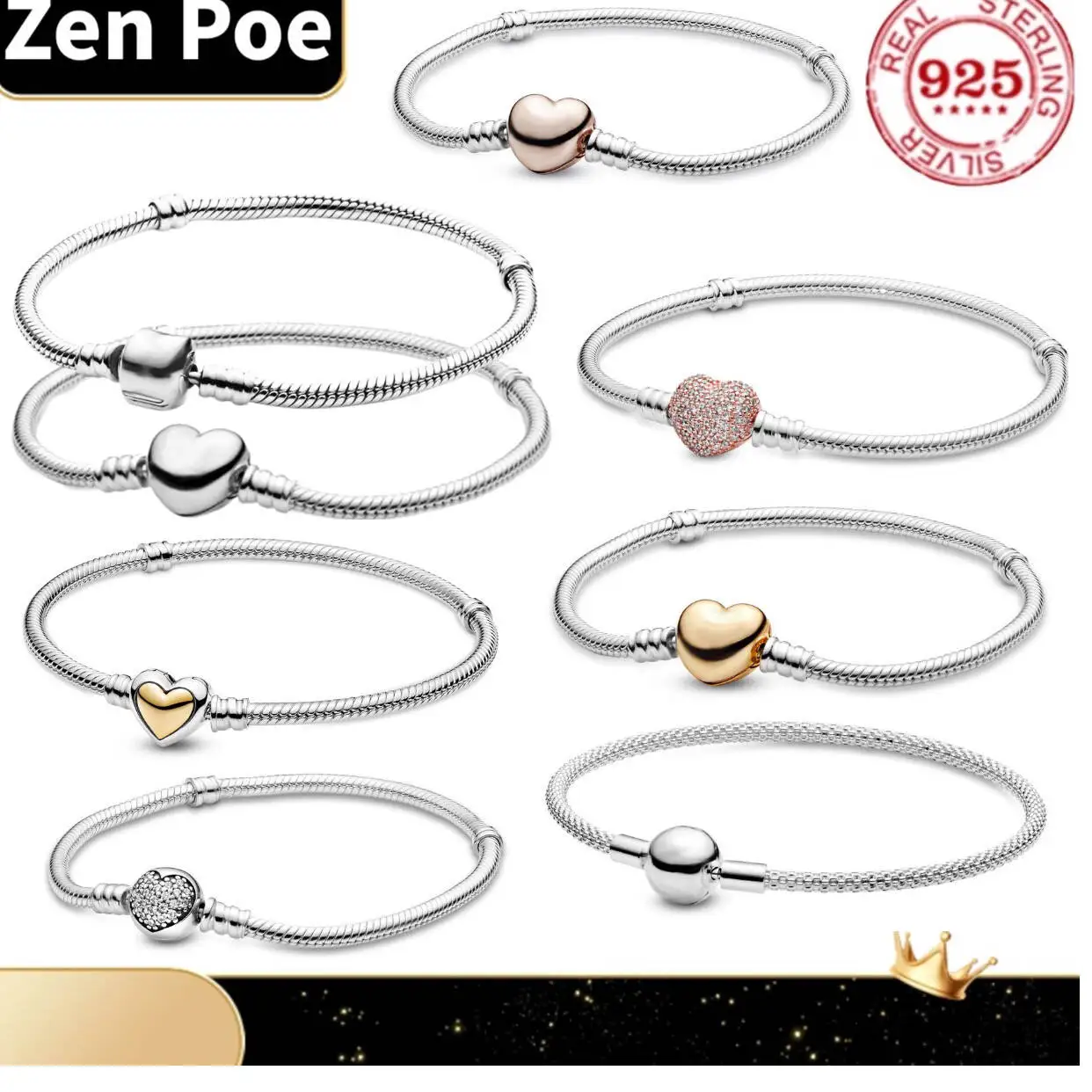 Classic Fashion 925% Pure Silver Luxury Zirconia Heart-shaped Square Charm Bracelet for Ladies - DIY High-End Jewelry Gift
