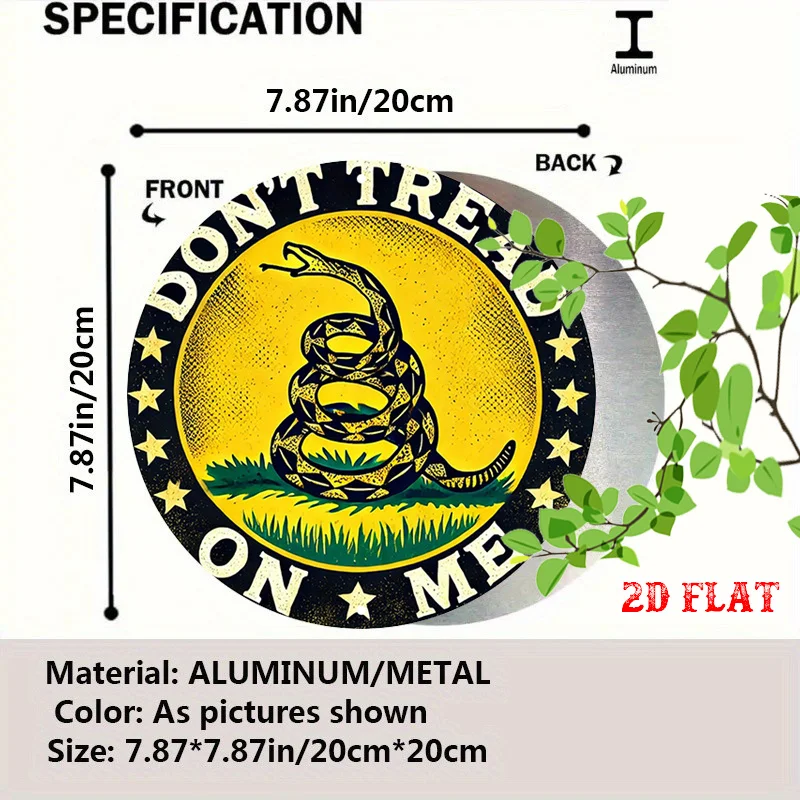 2D Flat - Single 2D Flat Decorative Plaque Featuring a Snake Emblem, Round Aluminum Sign with a 'Don'T Tread on Me' Theme, Perfe