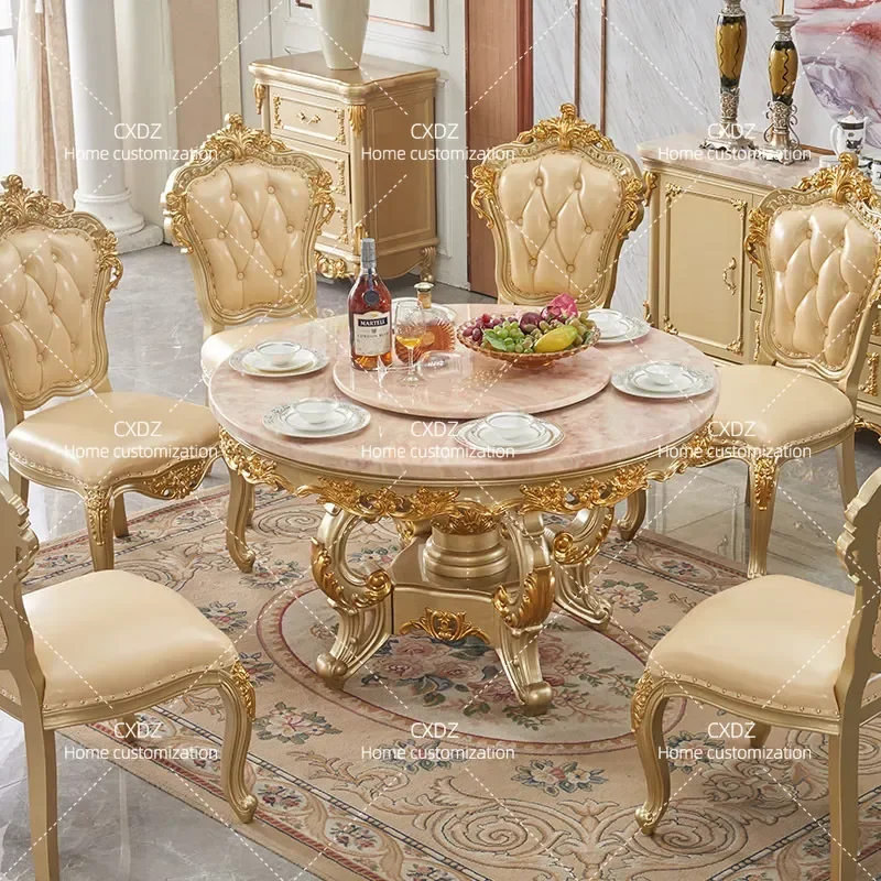 European style round solid wood marble dining table and chair combination dining table round dining table household villa
