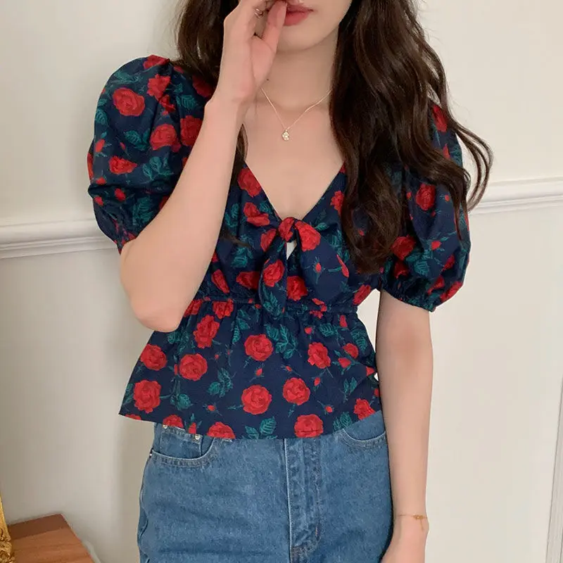 Stylish Sexy V-Neck Drawstring Blouse Summer Vintage Broken Flowers Rose Korean Waist Female Clothing Elegant Puff Sleeve Shirt