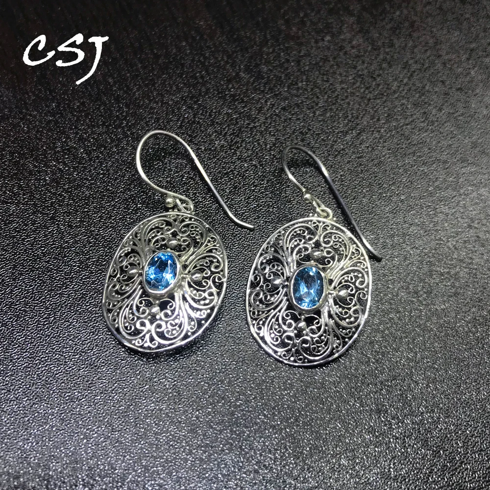 

CSJ Vintage Natural Topaz Earrings Sterling 925 Silver Gemstone Oval 5*7mm Handmade Jewelry for Women Party Gift