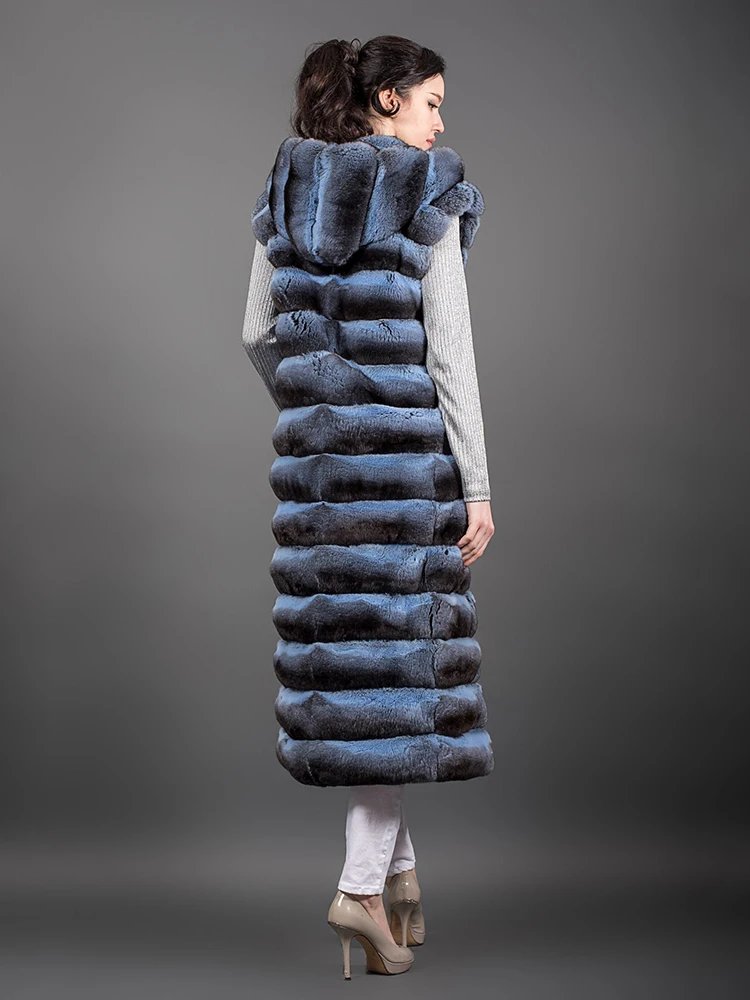 Rex – manteau à capuche en vraie fourrure de lapin pour femme, haut de luxe, décontracté, sans manches, automne-hiver