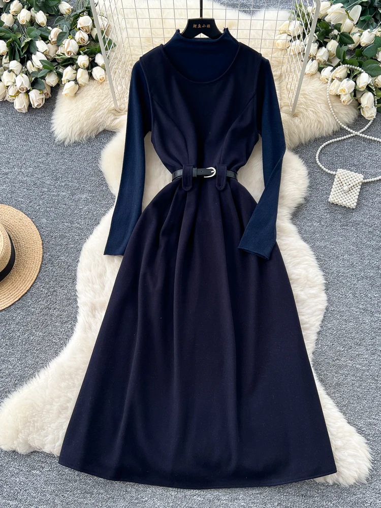 

Hebe Sle шерстяной жилет с высокой талией и поясом Dr Long Sve Base вязаный свитер комплект женский модный осенний наряд