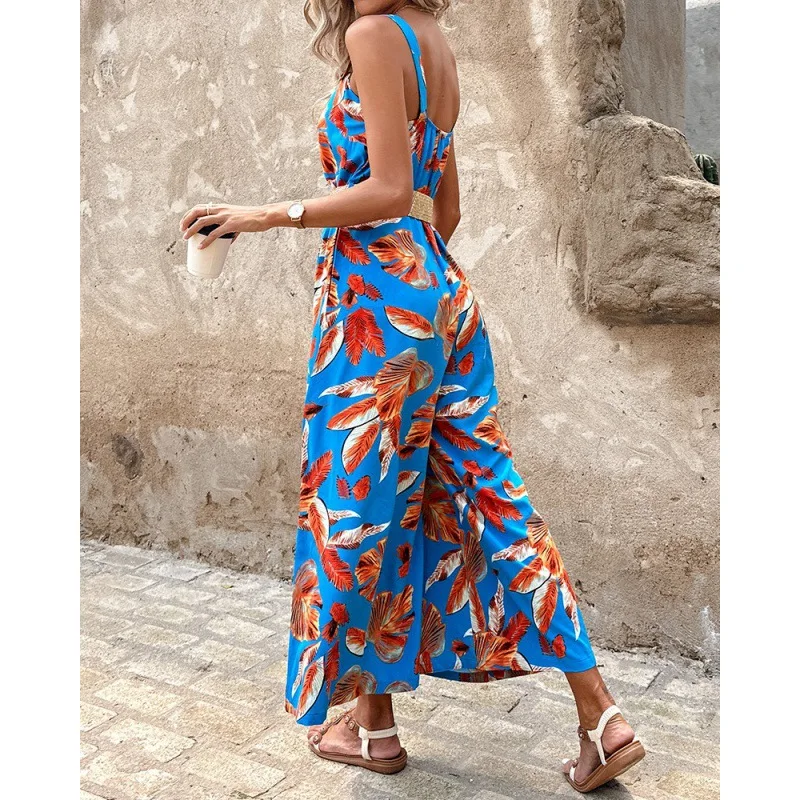 Women's temperament fashionable shoulder straps backless printed waistband jumpsuit summer autumn wide leg pants with waist belt