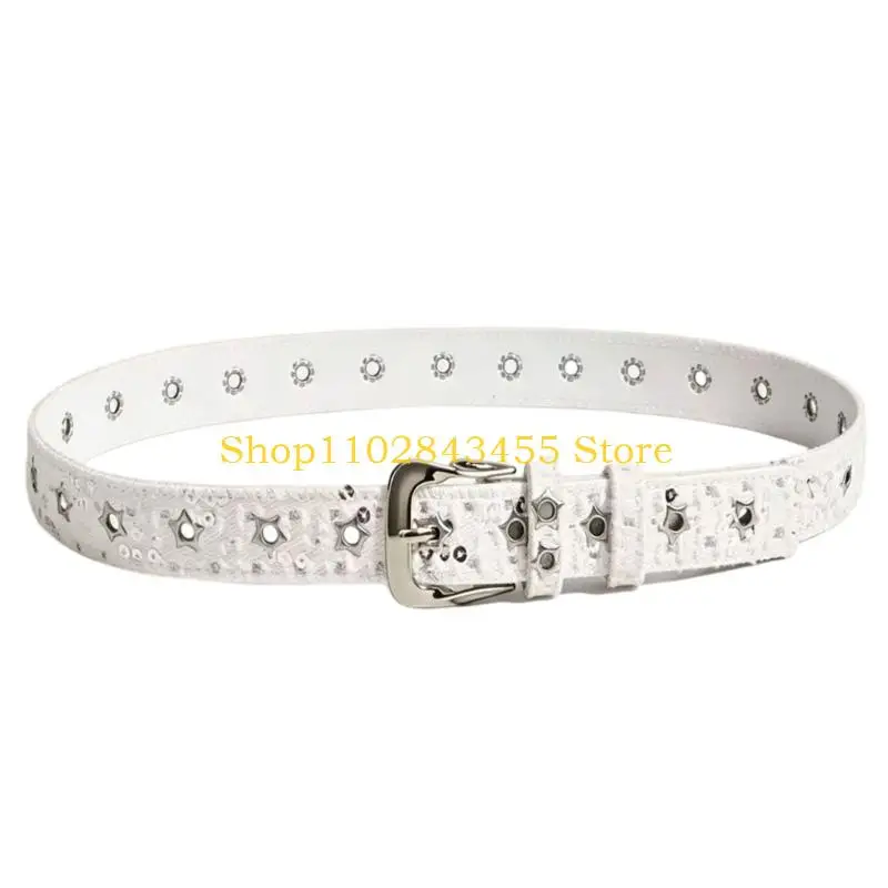 49MC Star Accent Outfit Belt with Multiple Closure Openings and Distressed Finish for Jeans, Cargo Pants, and Dresses