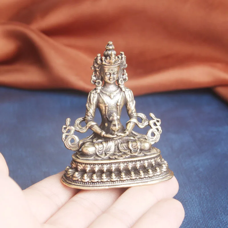 Retro brass longevity Buddha tabletop ornament, religious offering Buddha statue