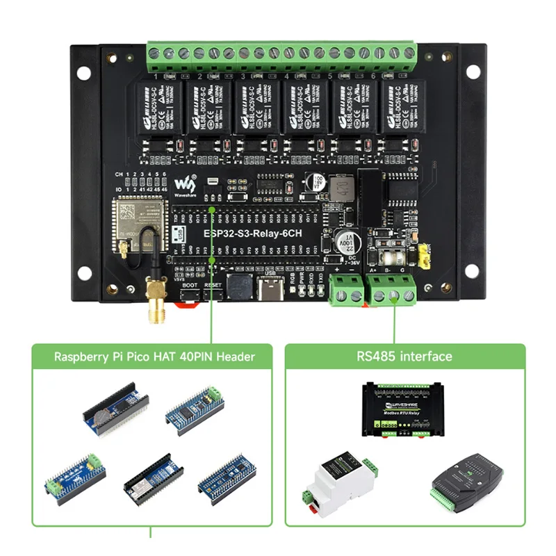 esp32-s3-relay-board-6-channel-wifi-bluetooth-rs485-support-pico-hat-expansion-iot-development-module