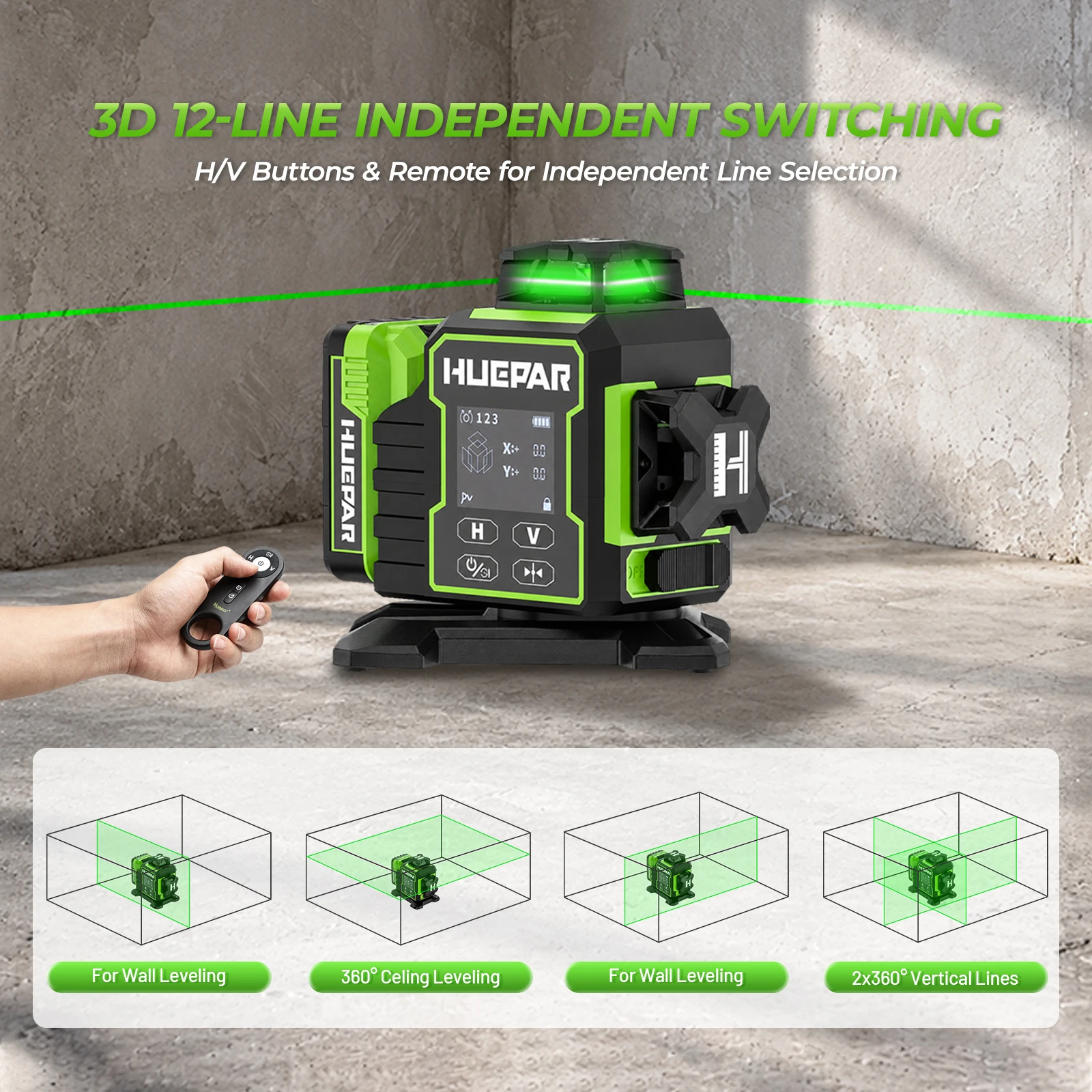 Huepar W03CG Laser-Wasserwaage, 3 x 360 selbstnivellierend, 3D-Bluetooth-Laser mit 12 Linien, elektrisch drehbarer Basis und großem LCD-Bildschirm – Detail 13