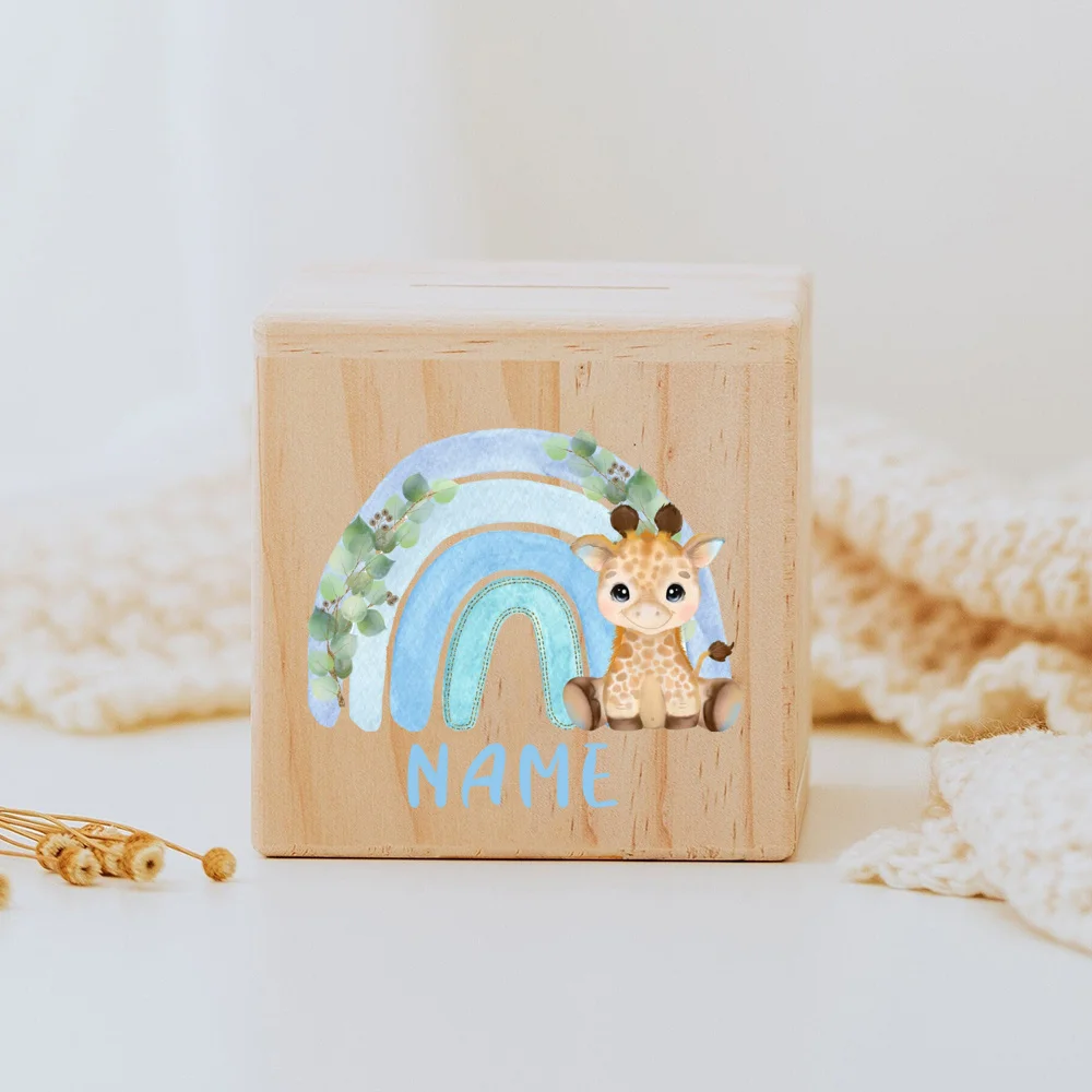 Personalized Money Box Rainbow Safari Animals with Name Wooden Money Boxes Child Coin Bank Coin Collection Case Gift for Kids