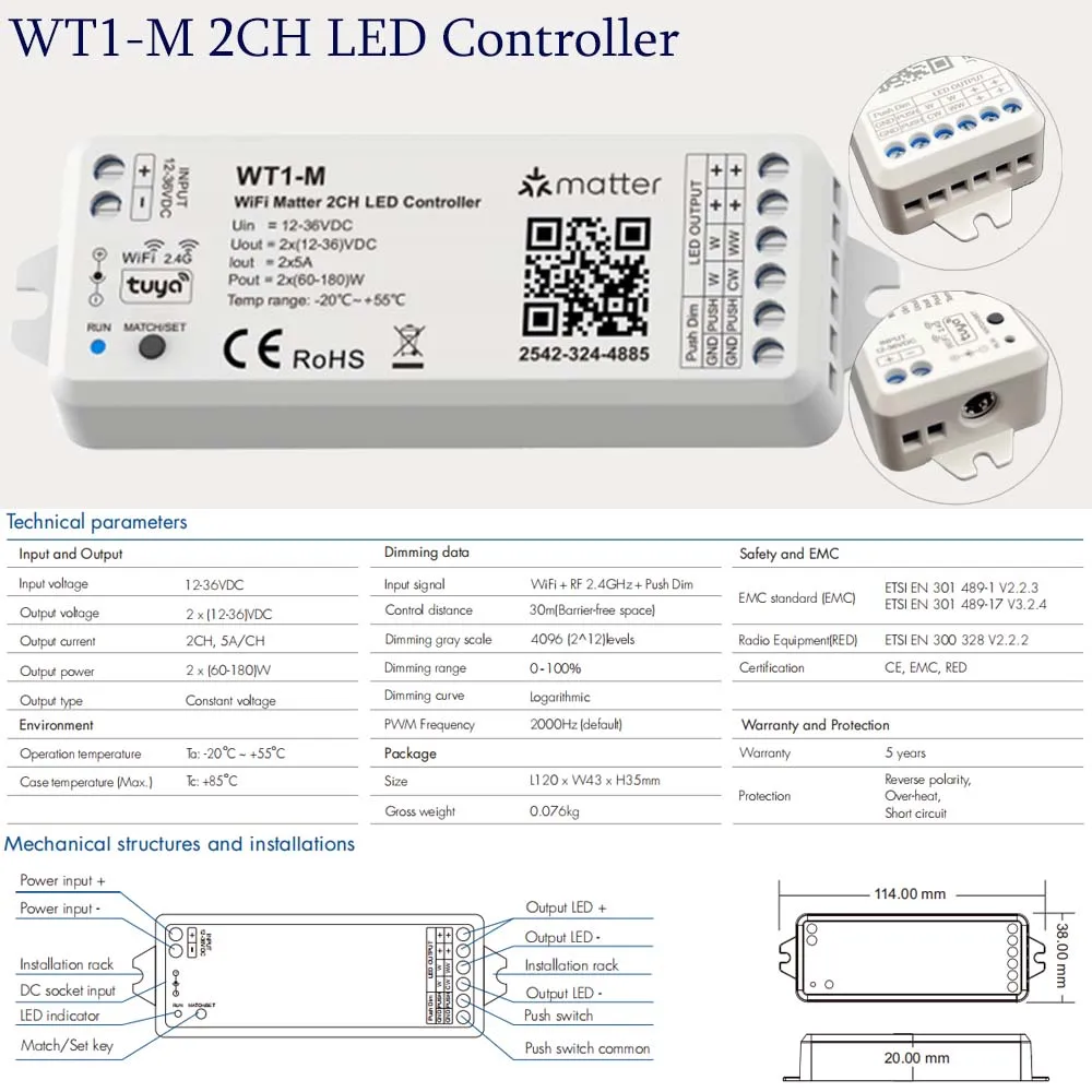 2CH Matter WiFi LED Controller WT1-M DC12-36V 5050 COB DIM/CCT Light Strip RF Touch Remote for Homekit Smartthings Alexa Google