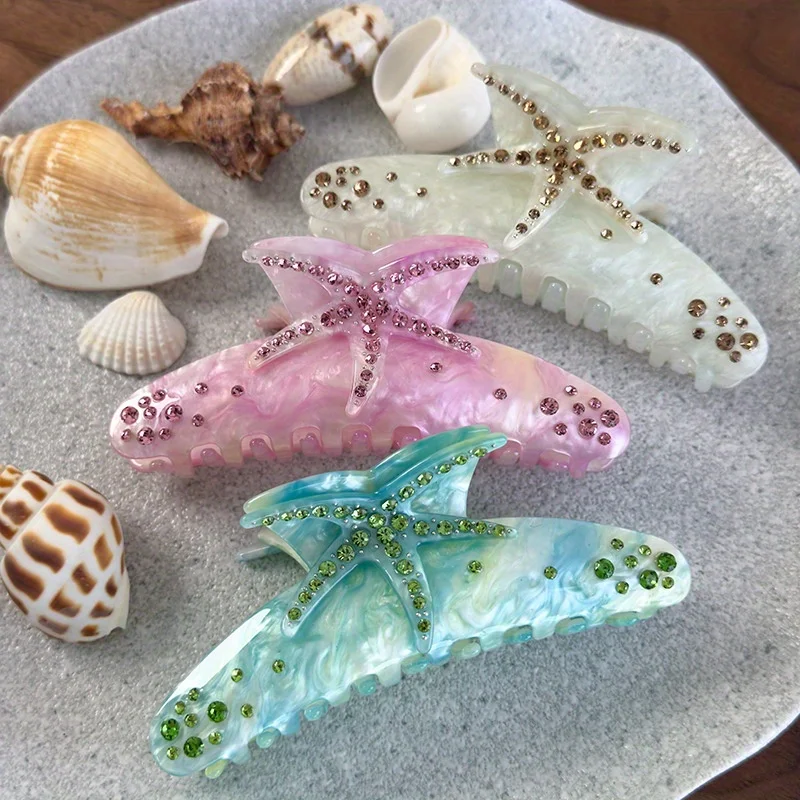 مشبك شعر مرصع بالألماس على شكل نجم البحر الملون مستوحى من المحيط قزحي الألوان، إكسسوار شعر أوبدو أنيق، قطعة شعر بسيطة #3