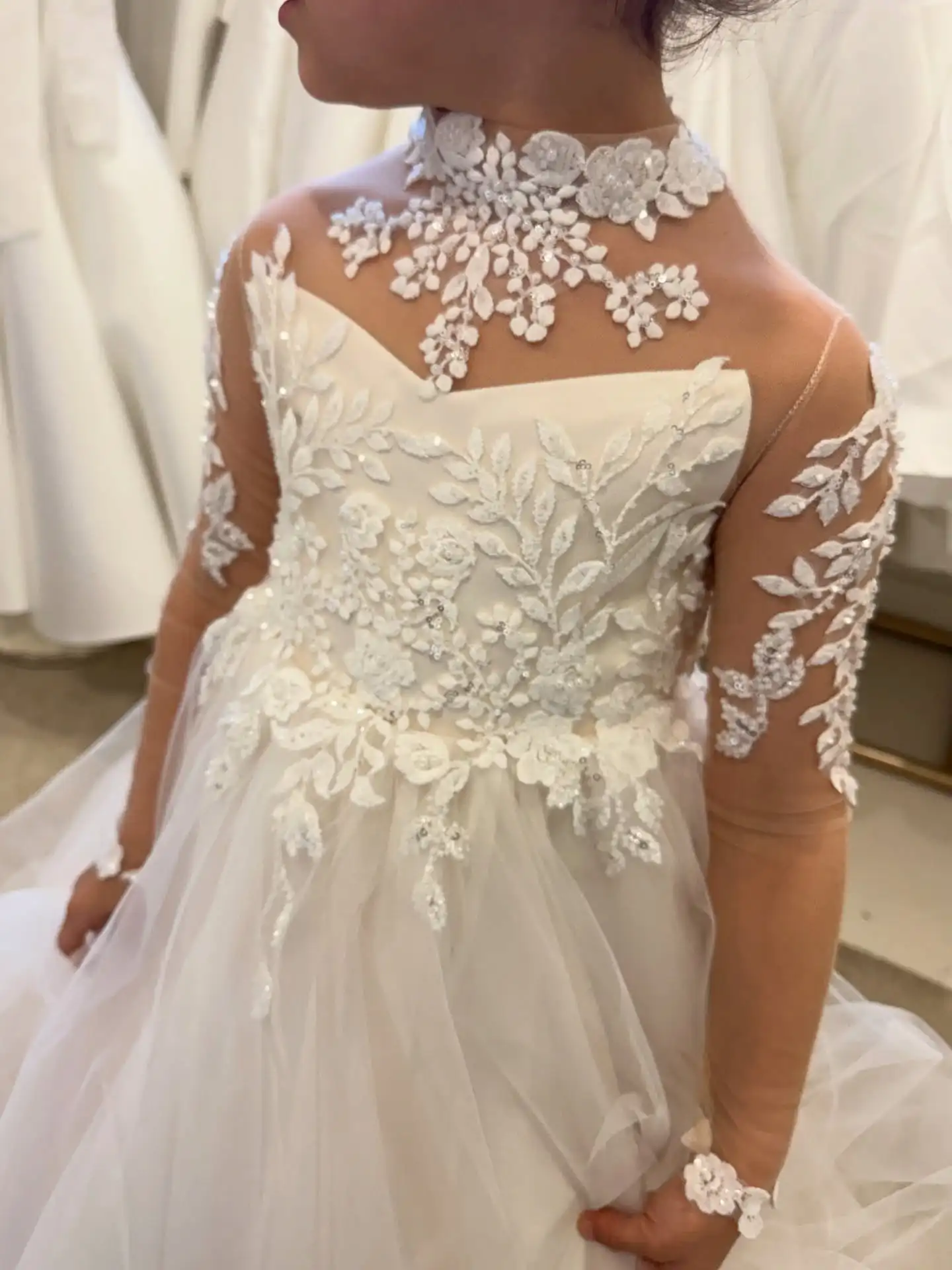 

White Flower Girl Dress for Wedding High Neck Applique Communion Dresses for Girls 7-16 Girls Pageant Dress with Pearls