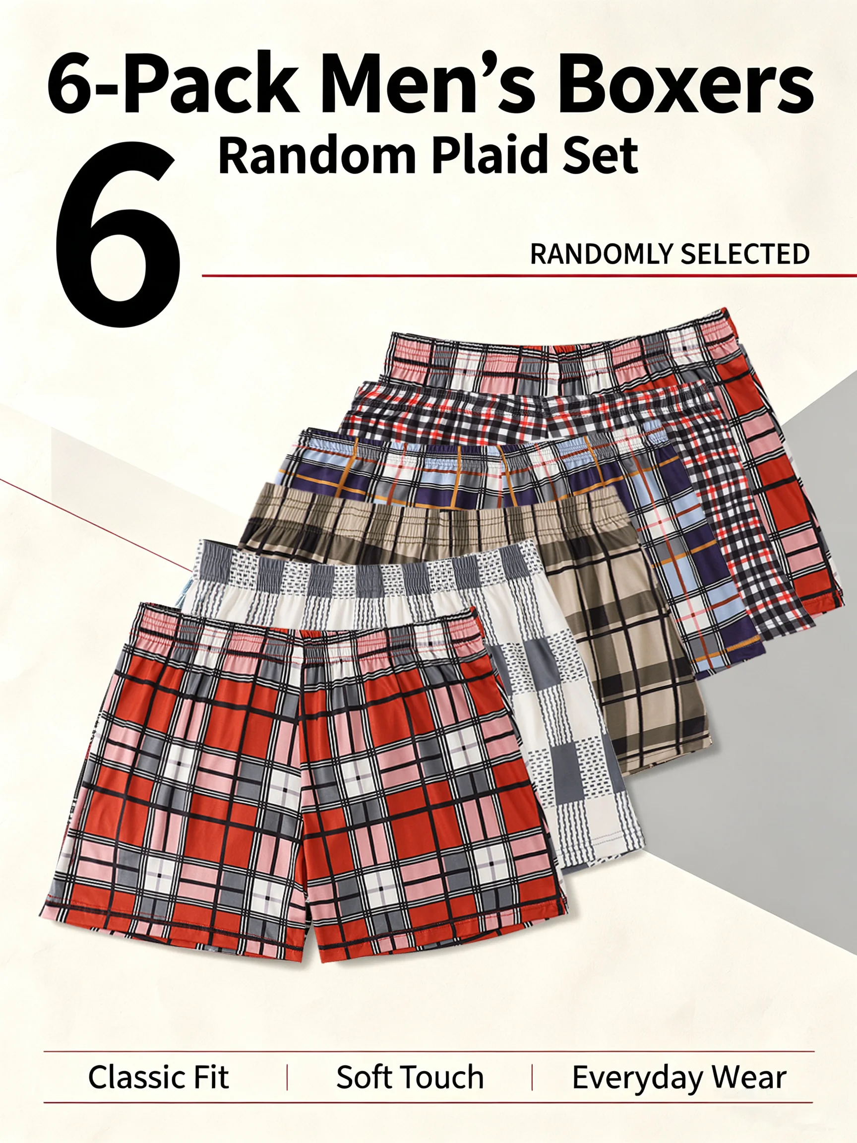 Men's Plaid Boxer Shorts Casual Loose Sleepwear Underwear 6 Random Pattern Comfortable Breathable Daily Home Boxers for Men