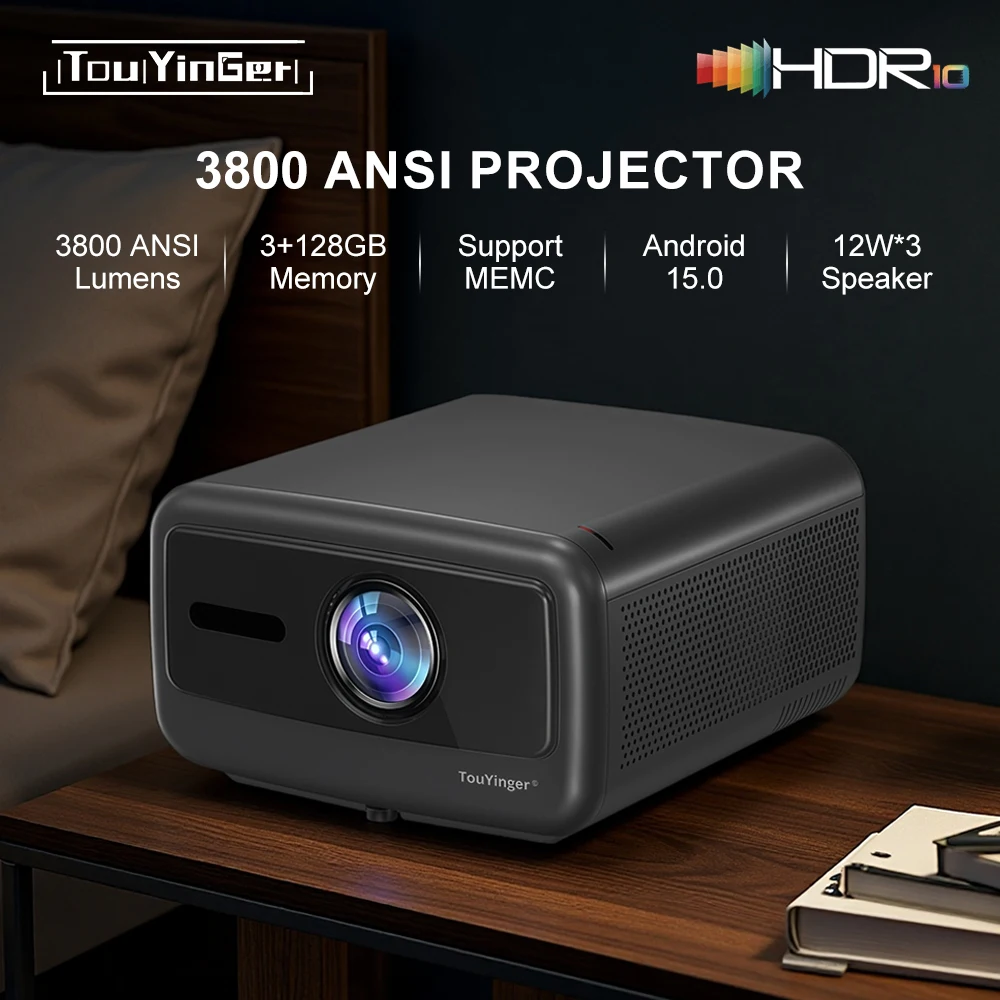 Проектор Touyinger Q13W 3800 ANSI Full HD 4K на Android 15 для домашнего кинотеатра с 3 ГБ ОЗУ и 128 ГБ памяти — Умный проектор