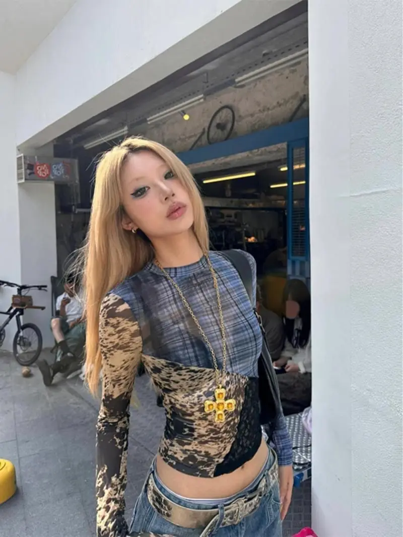Vintage Plaid Patchwork Mesh Print Tshirts Women Harajuku Y2k Aesthetic Transparent Slim Base Tops Long Sleeve Tees Ins