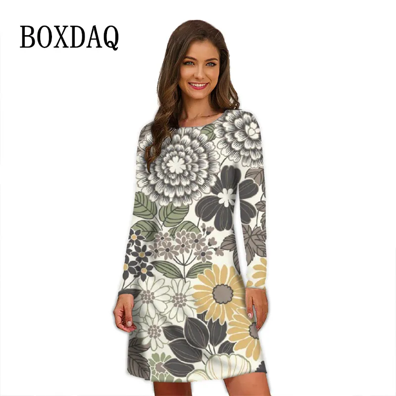 2023 Autumn Winter Dress Women Plant Flowers Print Dress Casual Long Sleeve O-Neck Loose Clothes Oversized Ladies Pullover Dress