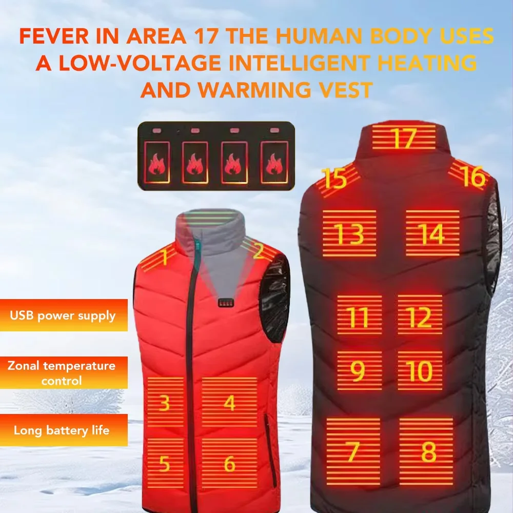 

Мужской/женский USB инфракрасный жилет с подогревом на 17 зон, четыре контроля, интеллектуальный электрический обогрев, теплая одежда, зимняя куртка унисекс