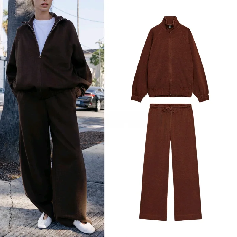 

Женский повседневный свободный свитшот на молнии, комплект тюнетов, мягкие прямые длинные брюки с высокой талией, чистый цвет, длина