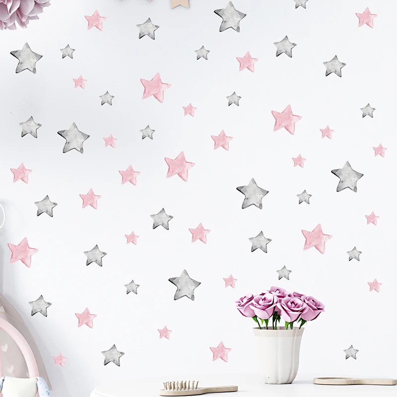 56pcs Watercolor Pink Grey Stars Wall Stickers for Kids Room Baby Nursery Room Wall Decals Pattern Home Decorative Sticker Mural