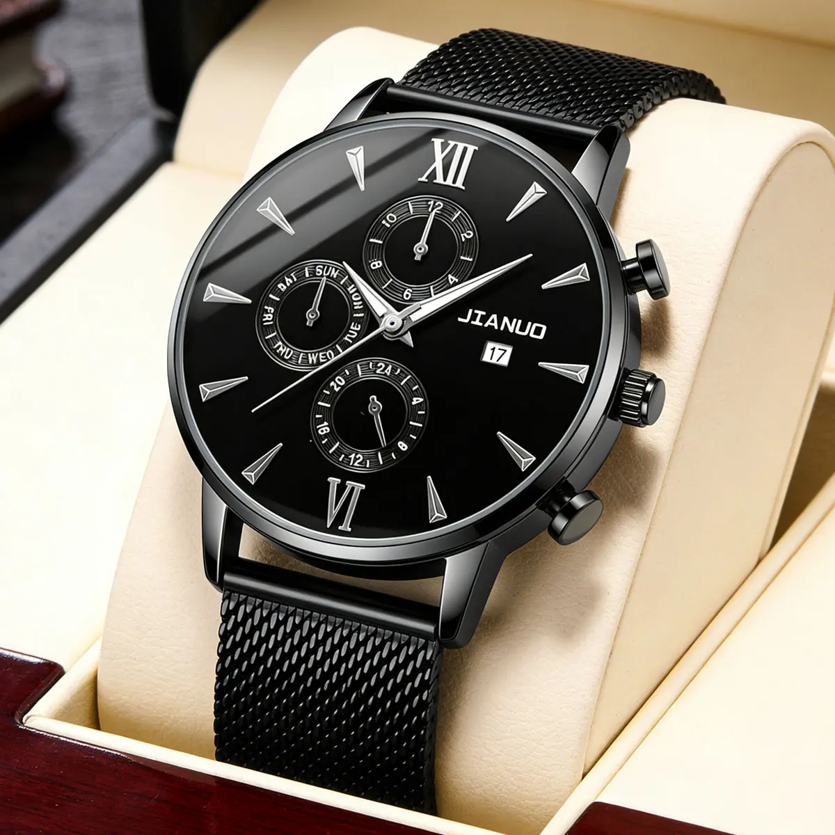 

Trendy casual men's Milan mesh belt watch fashion calendar scale simple party business quartz watch