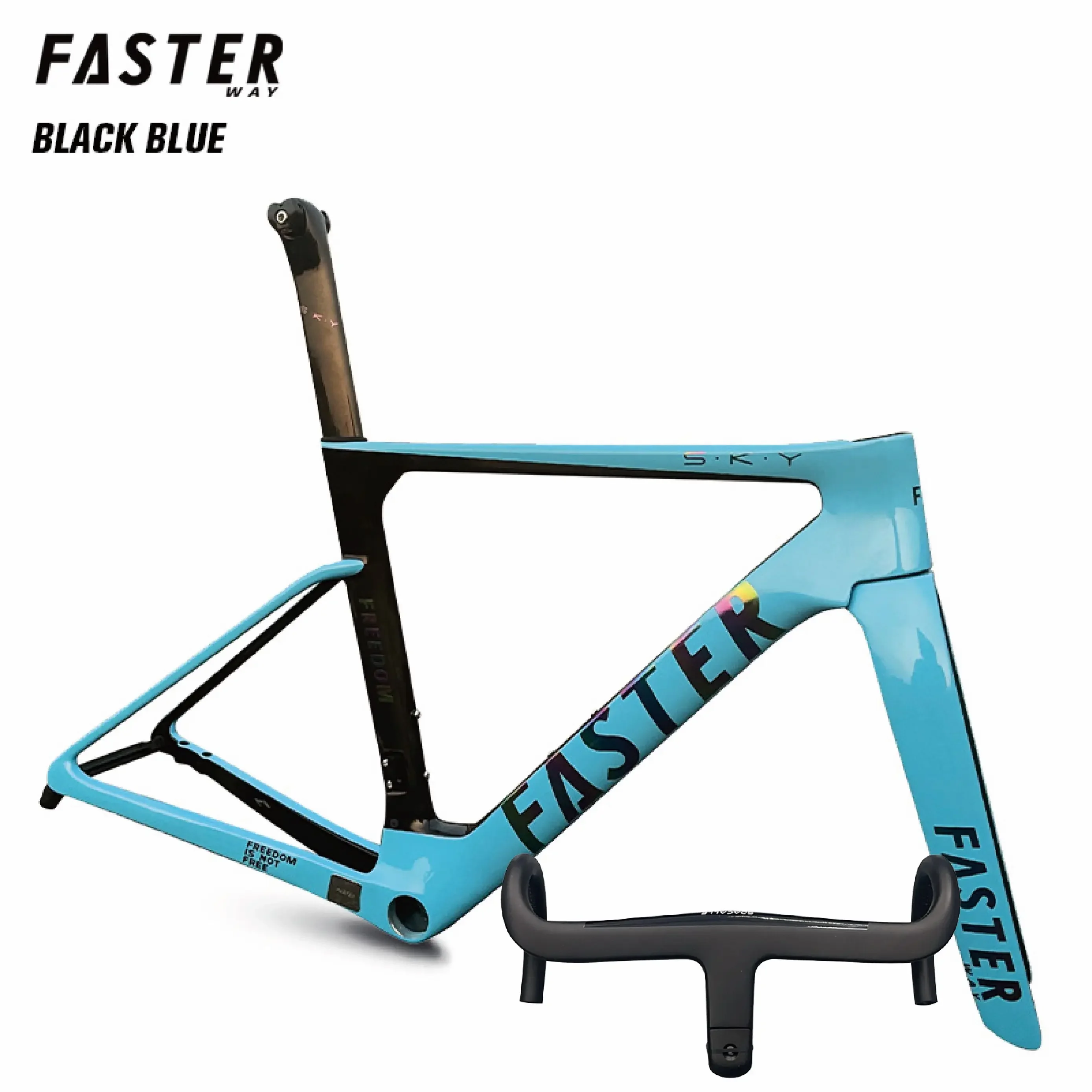 

Sky blue black FASTERWAY Freedom Frameset Carbon Bike Road Frame with Fork Seatpost Clamp Headset Handlebar 49 52 54 56 58cm