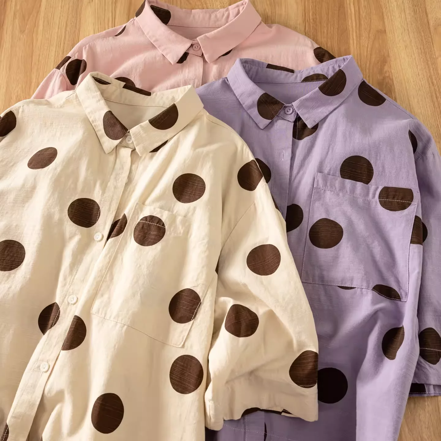 

2025 Women's Polka Dot Printed Loose Shirts and Blouses Pink Beige Purple Dots Shirts Large Size Tops