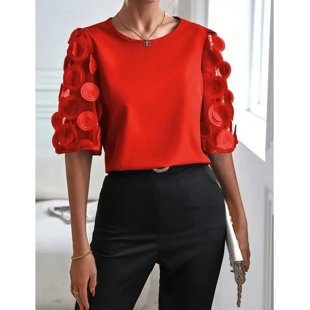 

Fashion Three-Dimensional Dot Women Blouse 2024 Loose Casual Mesh Half-Sleeve Top Soild O-Neck Pullover Top Patchwork Blouses